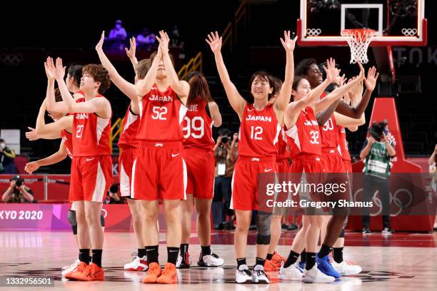 Team Japan acknowledges the crowd following the Women's Basketball final game between Team United States and Team Japan on day sixteen of the 2020...