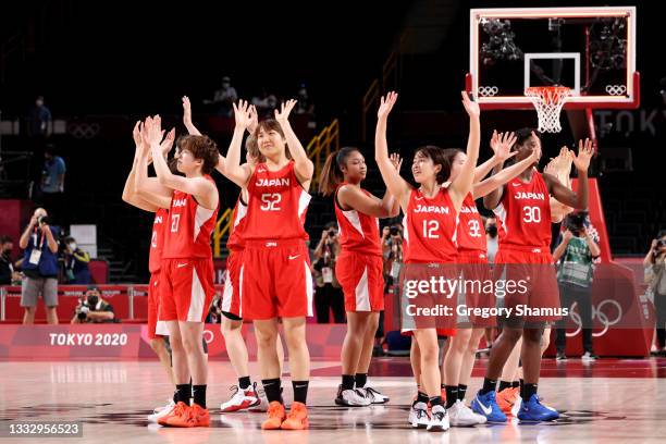 Team Japan acknowledges the crowd following the Women's Basketball final game between Team United States and Team Japan on day sixteen of the 2020...