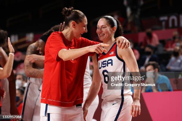Sue Bird of Team United States and Diana Taurasi celbrate a win over Japan in the Women's Basketball final game on day sixteen of the 2020 Tokyo...