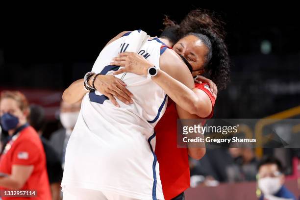 Team United States Head Coach Dawn Staley hugs A'Ja Wilson of Team United States following their win over Japan in the Women's Basketball final game...