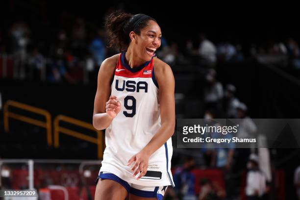 Ja Wilson of Team United States celebrates a win over Japan in the Women's Basketball final game on day sixteen of the 2020 Tokyo Olympic games at...