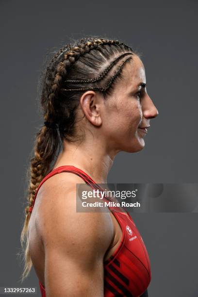 Tecia Torres poses for a post fight portrait backstage during the UFC 265 event at Toyota Center on August 07, 2021 in Houston, Texas.