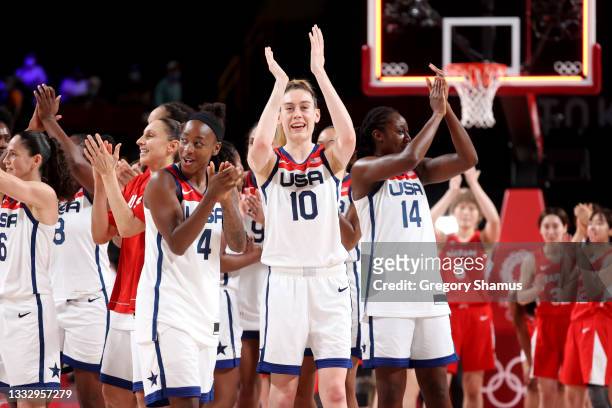 Breanna Stewart of Team United States and her teammates celebrate their win over Japan in the Women's Basketball final game on day sixteen of the...