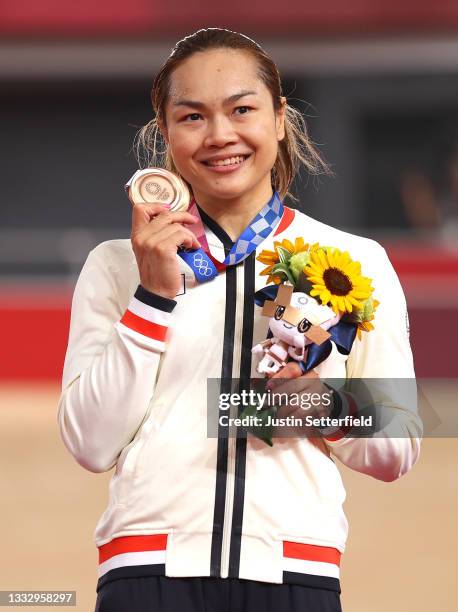 Bronze medalist Wai Sze Lee of Team Hong Kong, poses on the podium during the medal ceremony after the Women's sprint finals of the track cycling on...