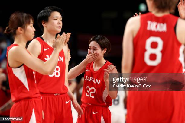 Saori Miyazaki of Team Japan reacts after Japan's loss to the United States in the Women's Basketball final game on day sixteen of the 2020 Tokyo...