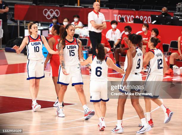 Team United States celebrates their lead against Team Japan in the Women's Basketball final game on day sixteen of the 2020 Tokyo Olympic games at...