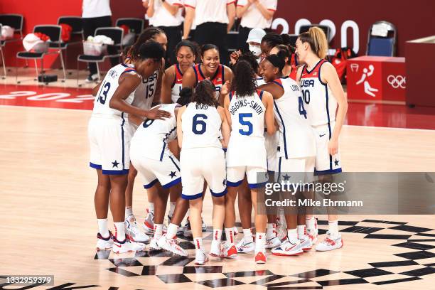 Team United States celebrates after winning the gold medal in the Women's Basketball final against Team Japan on day sixteen of the 2020 Tokyo...