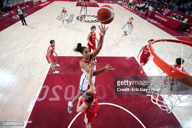 Ja Wilson of Team United States attempts a shot against Team Japan during the second half of the Women's Basketball final game on day sixteen of the...