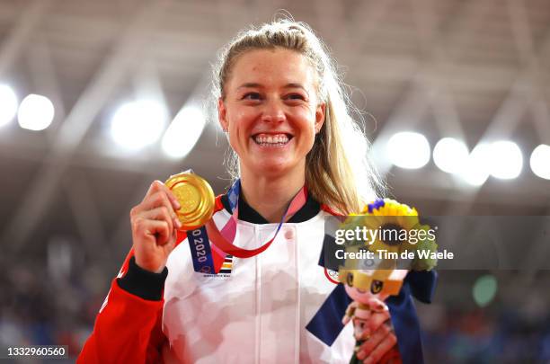 Gold medalist Kelsey Mitchell of Team Canada, poses on the podium during the medal ceremony after the Women's sprint finals of the track cycling on...