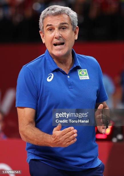 Head Coach Jose Roberto Guimaraes of Team Brazil reacts as he competes against Team United States during the Women's Gold Medal Match on day sixteen...