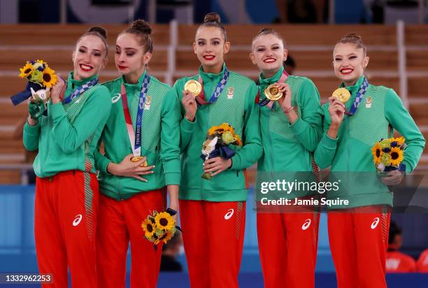 Gold medalists Team Bulgaria pose on the podium after the Group All-Around Final at Ariake Gymnastics Centre on August 08, 2021 in Tokyo, Japan.