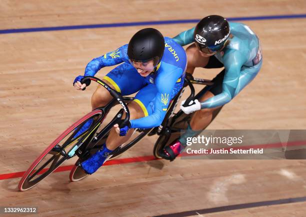 Olena Starikova of Team Ukraine sprints ahead of Wai Sze Lee of Team Hong Kong during the Women's sprint finals, race 2 - heat 1 of the track cycling...