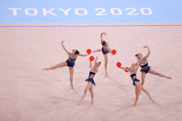 Team Bulgaria competes during the Group All-Around Final at Ariake Gymnastics Centre on August 08, 2021 in Tokyo, Japan.