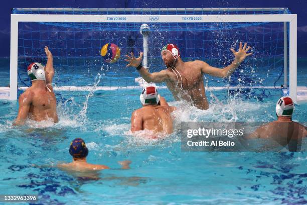 Roger Tahull Compte of Team Spain scores a goal against Viktor Nagy of Team Hungary during the Men’s Bronze Medal match between Hungary and Spain on...