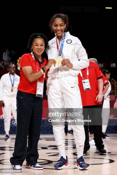Team United States Head Coach Dawn Staley and A'Ja Wilson pose for photographs with their gold medals during the Women's Basketball medal ceremony on...