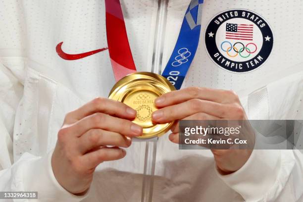 Detail photograph of the Women's Basketball gold medal during the Women's Basketball medal ceremony on day sixteen of the 2020 Tokyo Olympic games at...