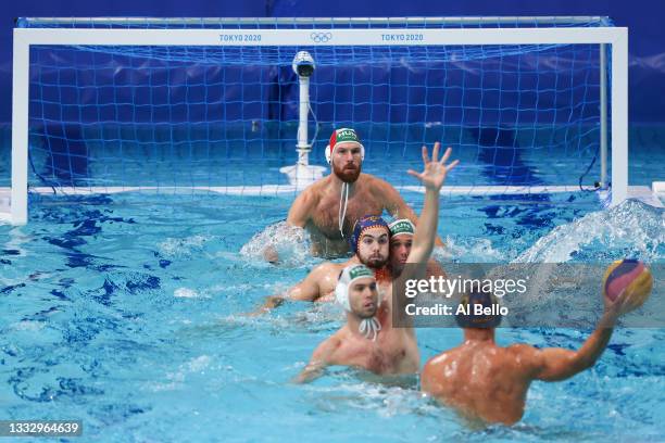 Felipe Perrone Rocha of Team Spain looks to shoot while goalkeeper Viktor Nagy of Team Hungary looks on during the Men’s Bronze Medal match between...