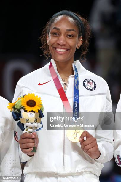 Ja Wilson of Team United States poses for photographs with her gold medal during the Women's Basketball medal ceremony on day sixteen of the 2020...