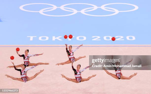 Team Italy competes during the Group All-Around Final at Ariake Gymnastics Centre at Ariake Gymnastics Centre on August 08, 2021 in Tokyo, Japan.