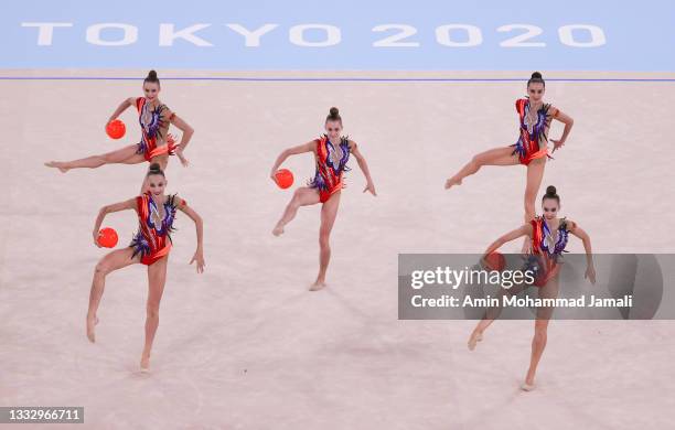 Team Belarus competes during the Group All-Around Final at Ariake Gymnastics Centre at Ariake Gymnastics Centre on August 08, 2021 in Tokyo, Japan.