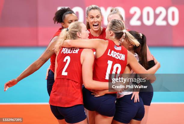 Andrea Drews of Team United States reacts with team mates as they compete against Team Brazil during the Women's Gold Medal Match on day sixteen of...