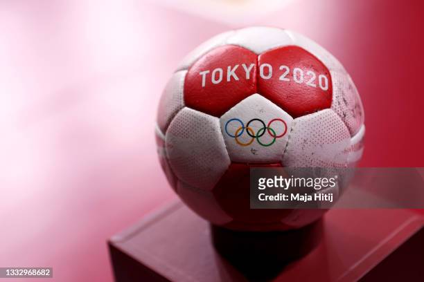 The official ball for the Tokyo 2020 Olympic Games handball competitions is seen ahead of the Women's Gold Medal handball match between ROC and...