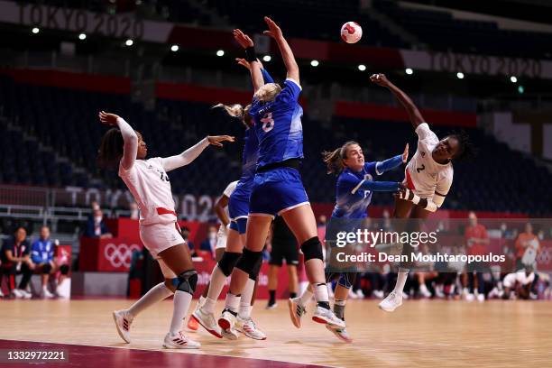 Meline Nocandy of Team France shoots at goal while under pressure from Anna Vyakhireva of Team ROC during the Women's Gold Medal handball match...