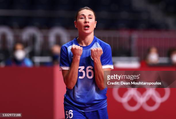 Iuliia Managarova of Team ROC celebrates after scoring a goal during the Women's Gold Medal handball match between ROC and France on day sixteen of...