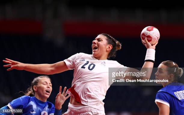 Laura Flippes of Team France shoots at goal during the Women's Gold Medal handball match between ROC and France on day sixteen of the Tokyo 2020...