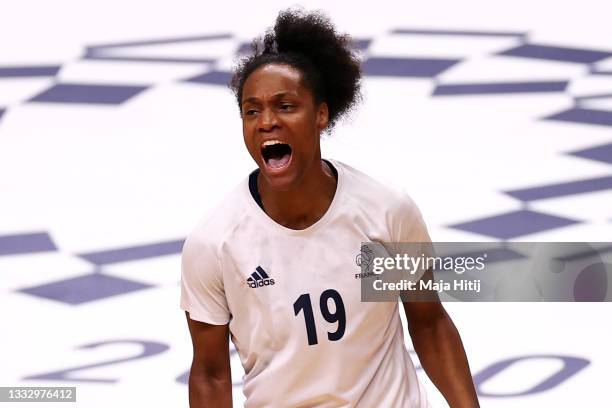 Oceane Sercien Ugolin of Team France celebrates after scoring a goal during the Women's Gold Medal handball match between ROC and France on day...