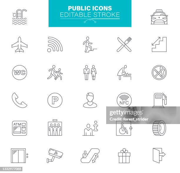 ilustraciones, imágenes clip art, dibujos animados e iconos de stock de iconos públicos trazo editable. el set contiene iconos como centro comercial, ascensor, baño, aseo, nfc - baño para mujeres