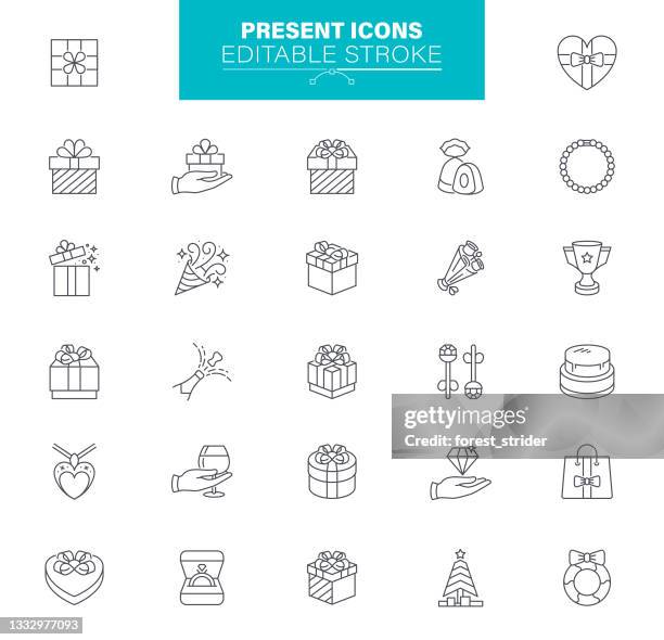 ilustraciones, imágenes clip art, dibujos animados e iconos de stock de presentar iconos trazo editable. el conjunto contiene iconos como caja de regalo, arco atado, decoración - gift tag note