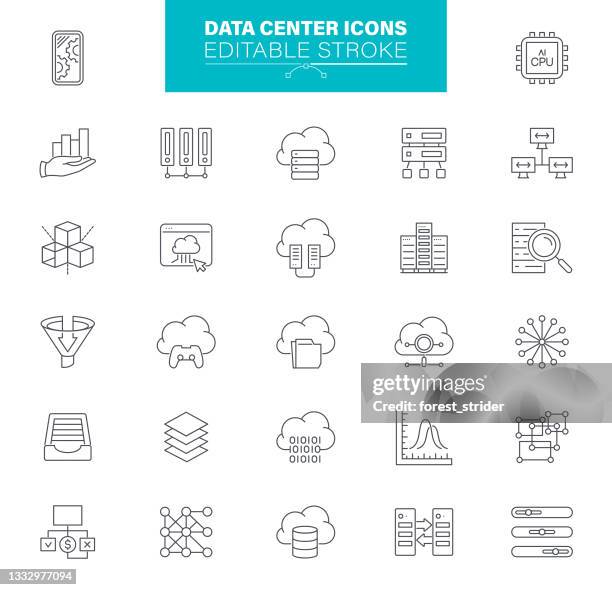 ilustraciones, imágenes clip art, dibujos animados e iconos de stock de iconos del centro de datos trazo editable. iconos de contaions como servidor, hosting, red, cloud computing - network server