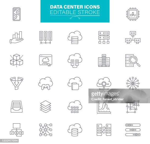 illustrazioni stock, clip art, cartoni animati e icone di tendenza di icone data center tratto modificabile. icone di contaions come server, hosting, rete, cloud computing - centro elaborazione dati