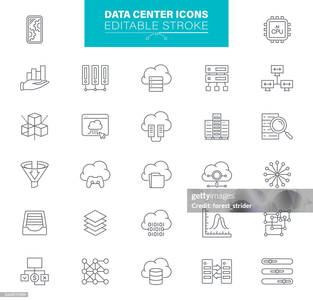 Ícones do data center Golpe editável. Ícones de contágio como Servidor, Hospedagem, Rede, Computação em Nuvem