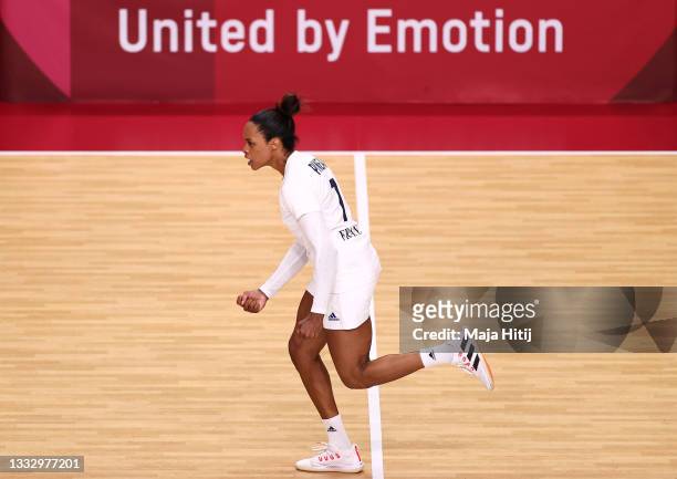 Allison Pineau of Team France celebrates after scoring a goal during the Women's Gold Medal handball match between ROC and France on day sixteen of...