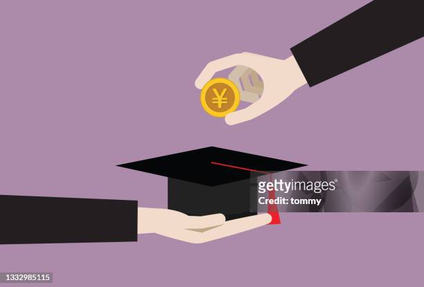 the businessman put a yen coin into a graduation cap - yen symbol stock illustrations