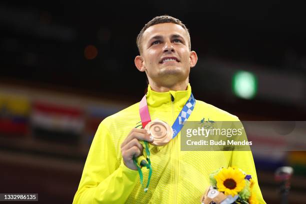 Harry Garside of Team Australia celebrates with his bronze medal during the victory ceremony for the Men's Light Final on day sixteen of the Tokyo...