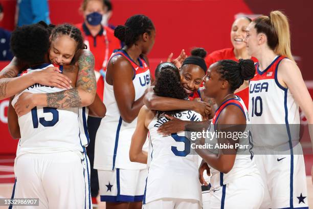 Team United States celebrates after defeating Team Japan 90-75 to win the women's gold medal match between Team United States and Team Japan on day...