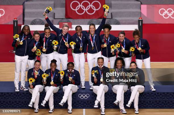 Gold medalists Team France pose with their gold medals during the medal ceremony for Women's Handball on day sixteen of the Tokyo 2020 Olympic Games...