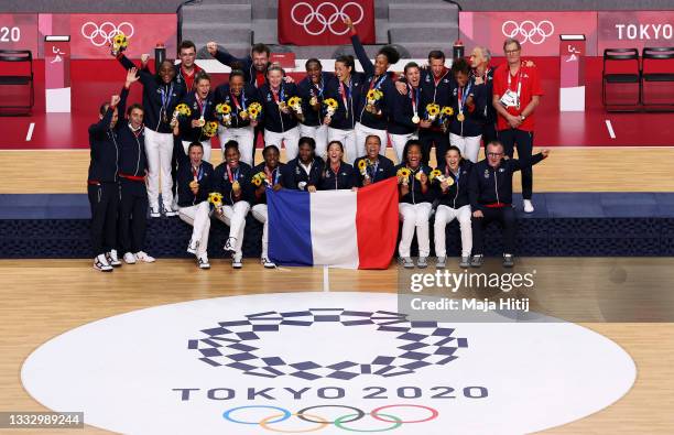 Gold medalists Team France pose with their gold medals during the medal ceremony for Women's Handball on day sixteen of the Tokyo 2020 Olympic Games...