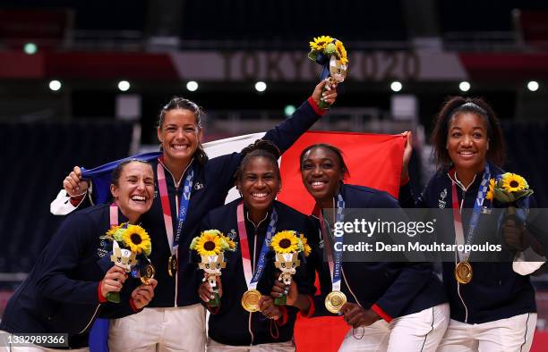 Pauline Coatanea, Cleopatre Darleux, Coralie Lassource, Kalidiatou Niakate and Pauletta Foppa of Team France pose with their gold medals during the...