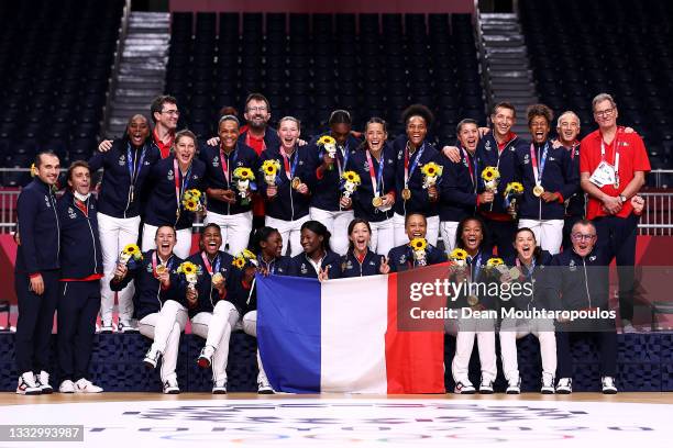 Gold medalists Team France pose with their gold medals during the medal ceremony for Women's Handball on day sixteen of the Tokyo 2020 Olympic Games...
