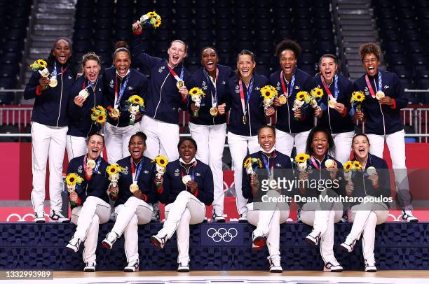 Gold medalists Team France pose with their gold medals during the medal ceremony for Women's Handball on day sixteen of the Tokyo 2020 Olympic Games...