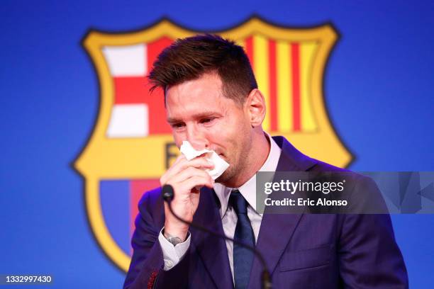 Lionel Messi of FC Barcelona faces the media during a press conference at Nou Camp on August 08, 2021 in Barcelona, Spain.