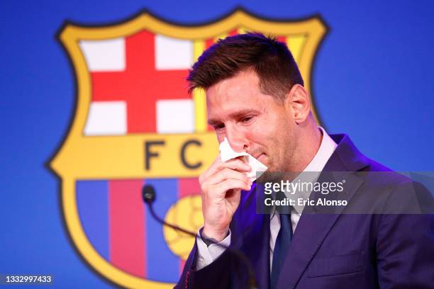 Lionel Messi of FC Barcelona faces the media during a press conference at Nou Camp on August 08, 2021 in Barcelona, Spain.