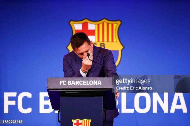 Lionel Messi of FC Barcelona faces the media during a press conference at Nou Camp on August 08, 2021 in Barcelona, Spain.