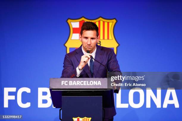 Lionel Messi of FC Barcelona faces the media during a press conference at Nou Camp on August 08, 2021 in Barcelona, Spain.