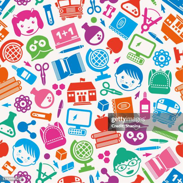 back to school icons seamless pattern - multi-colored - primary school computing stock illustrations