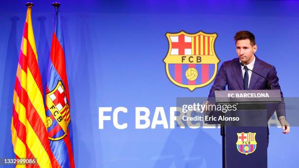 Lionel Messi of FC Barcelona faces the media during a press conference at Nou Camp on August 08, 2021 in Barcelona, Spain.